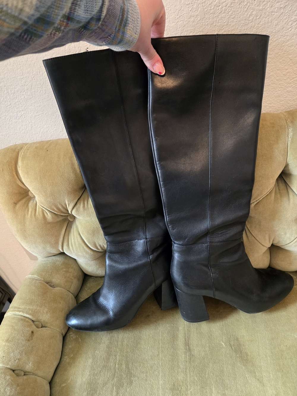 ANTONIO MELANI Black Leather Over-the-Knee Block Heel Boots
